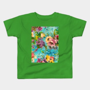 Vintage floral garden, shabby chic, vintage botanical, flowers illustration, aqua blue vintage floral pattern Kids T-Shirt